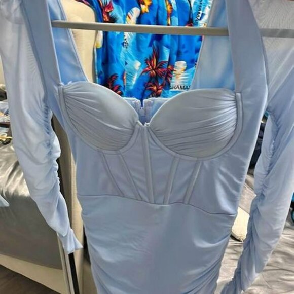 Ruched Blue Dress with Mesh Long Sleeves - Picture 3 of 4